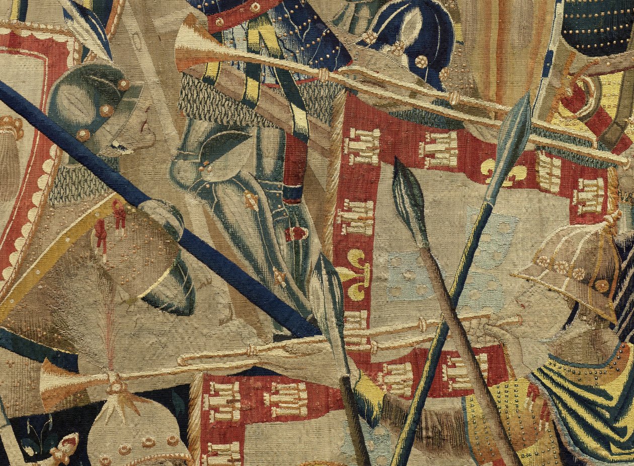 挂毯展示了葡萄牙国王阿方索五世 (Conquistas de Alfonso V de Portugal) 的征服，图尔奈。 细节。 （羊毛和丝绸） 作者 佛兰芒学校