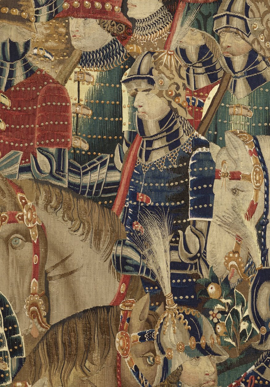 挂毯展示了葡萄牙国王阿方索五世 (Conquistas de Alfonso V de Portugal) 的征服，图尔奈。 细节。 （羊毛和丝绸） 作者 佛兰芒学校