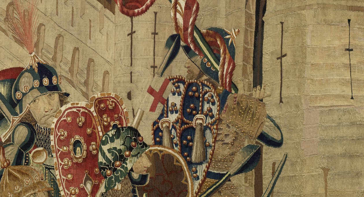 挂毯展示了葡萄牙国王阿方索五世 (Conquistas de Alfonso V de Portugal) 的征服，图尔奈。 细节。 （羊毛和丝绸） 作者 佛兰芒学校
