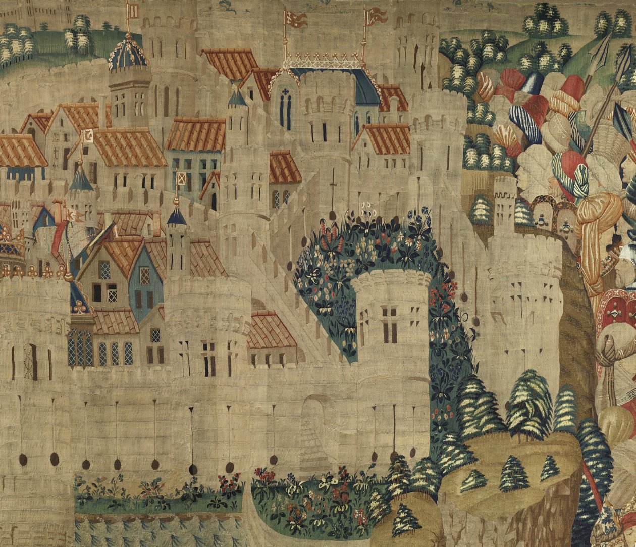 挂毯展示了葡萄牙国王阿方索五世 (Conquistas de Alfonso V de Portugal) 的征服，图尔奈。 细节。 （羊毛和丝绸） 作者 佛兰芒学校