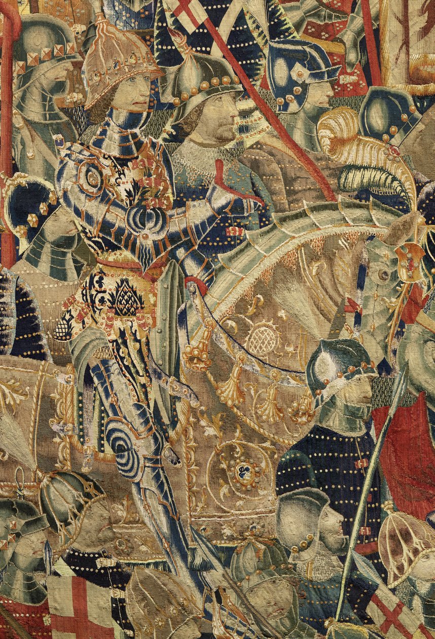 挂毯展示了葡萄牙国王阿方索五世 (Conquistas de Alfonso V de Portugal) 的征服，图尔奈。 细节。 （羊毛和丝绸） 作者 佛兰芒学校