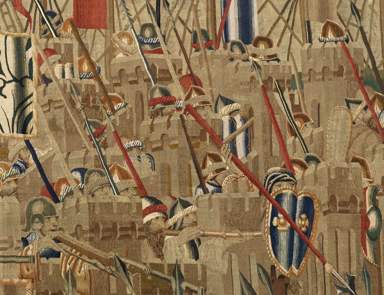 挂毯展示了葡萄牙国王阿方索五世 (Conquistas de Alfonso V de Portugal) 的征服，图尔奈。 细节。 （羊毛和丝绸） 作者 佛兰芒学校