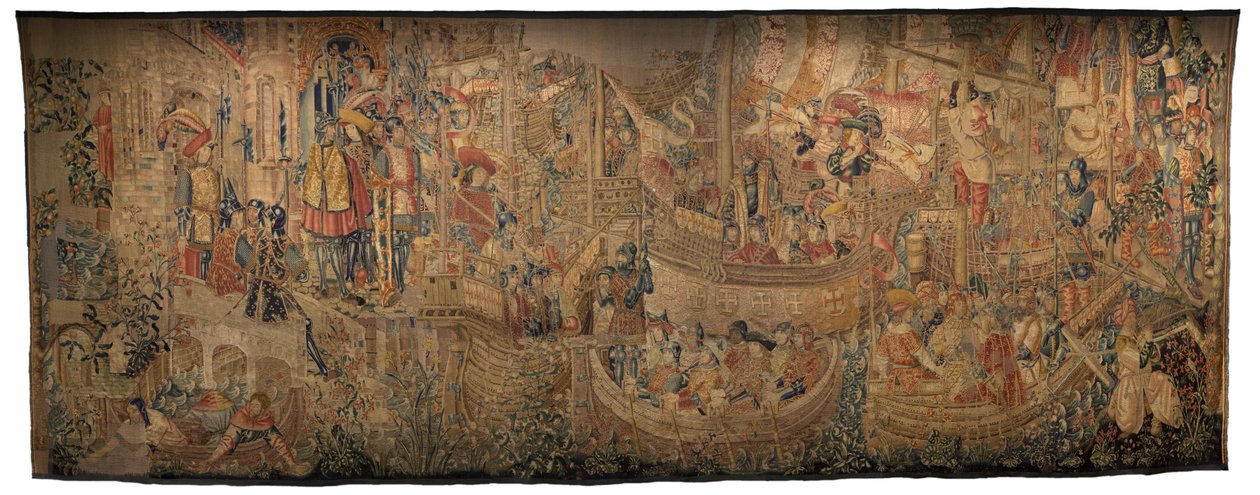 挂毯展示了葡萄牙国王阿方索五世 (Conquistas de Alfonso V de Portugal) 的征服，图尔奈。 细节。 （羊毛和丝绸） 作者 佛兰芒学校