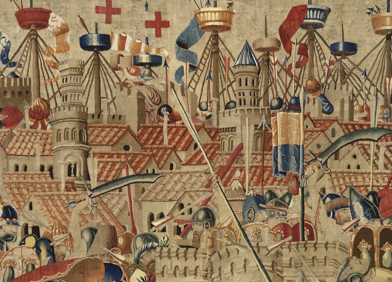 挂毯展示了葡萄牙国王阿方索五世 (Conquistas de Alfonso V de Portugal) 的征服，图尔奈。 细节。 （羊毛和丝绸） 作者 佛兰芒学校