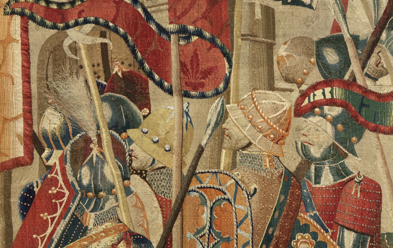 挂毯展示了葡萄牙国王阿方索五世 (Conquistas de Alfonso V de Portugal) 的征服，图尔奈。 细节。 （羊毛和丝绸） 作者 佛兰芒学校