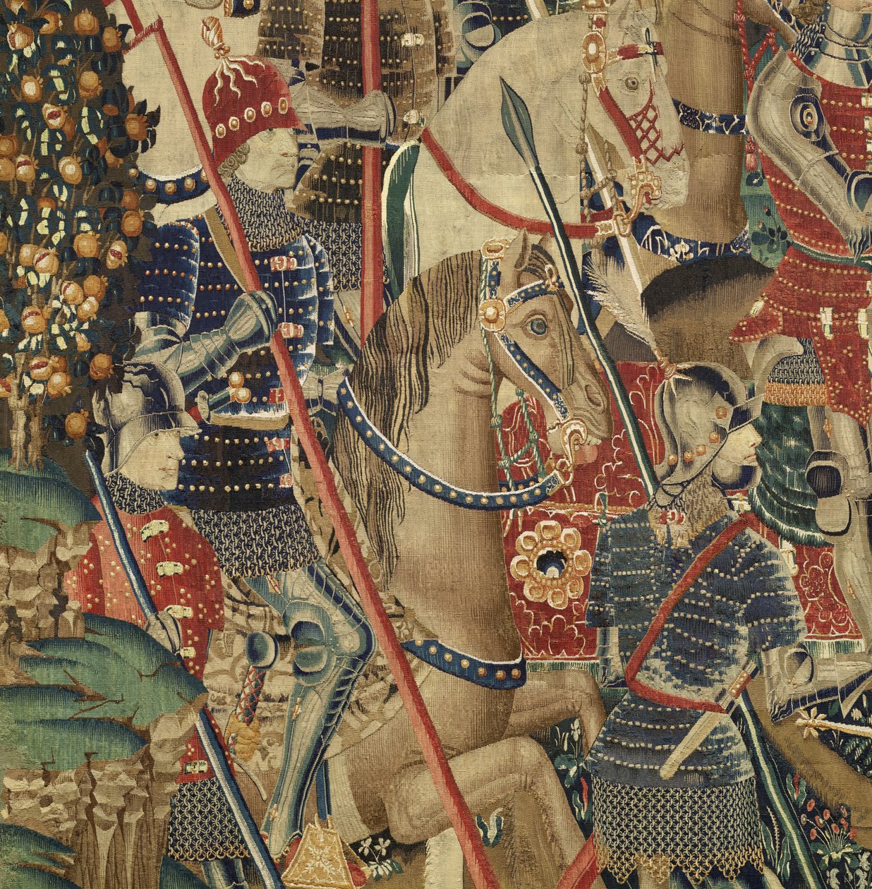 挂毯展示了葡萄牙国王阿方索五世 (Conquistas de Alfonso V de Portugal) 的征服，图尔奈。 细节。 （羊毛和丝绸） 作者 佛兰芒学校
