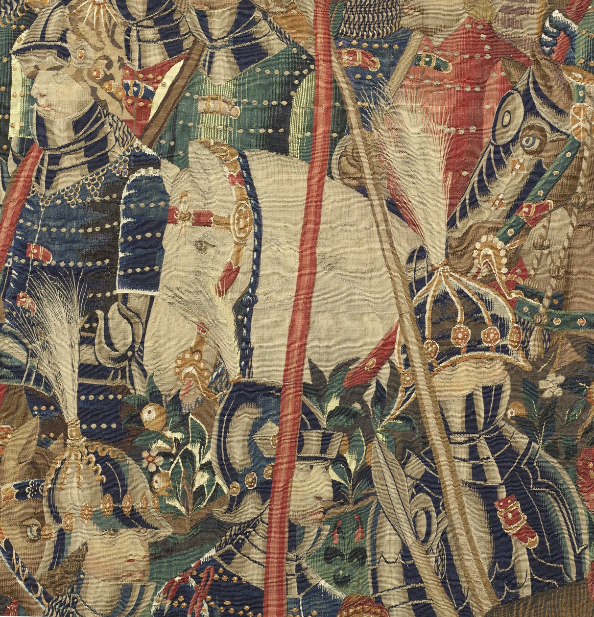 挂毯展示了葡萄牙国王阿方索五世 (Conquistas de Alfonso V de Portugal) 的征服，图尔奈。 细节。 （羊毛和丝绸） 作者 佛兰芒学校