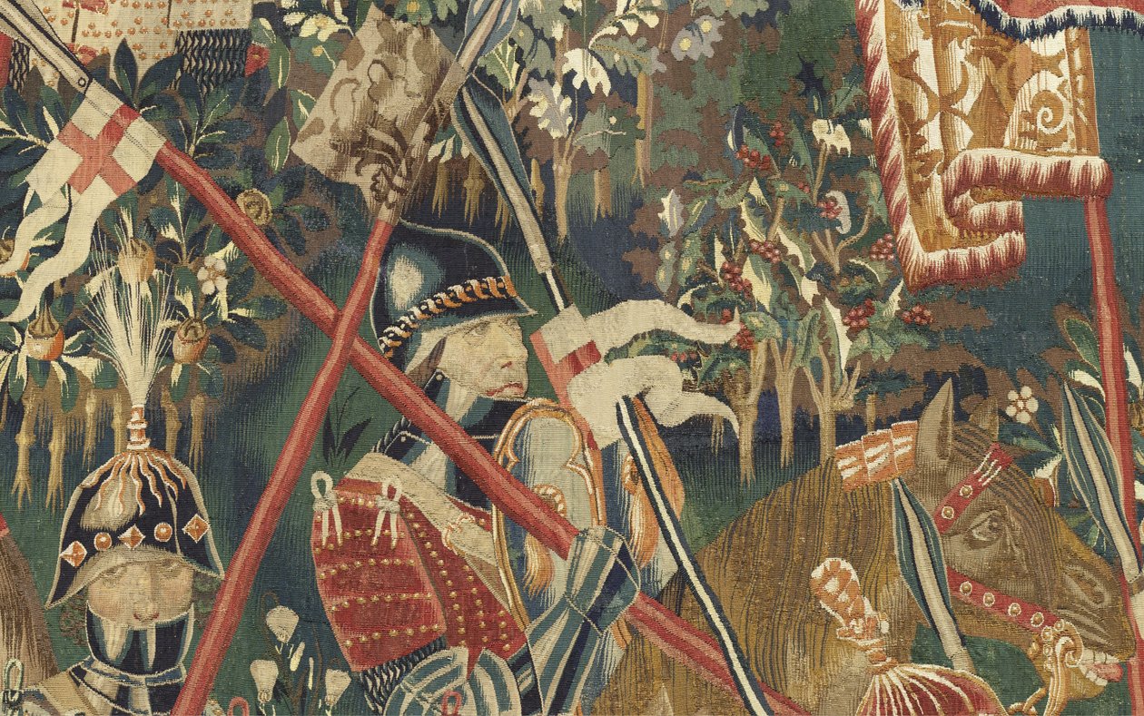 挂毯展示了葡萄牙国王阿方索五世 (Conquistas de Alfonso V de Portugal) 的征服，图尔奈。 细节。 （羊毛和丝绸） 作者 佛兰芒学校