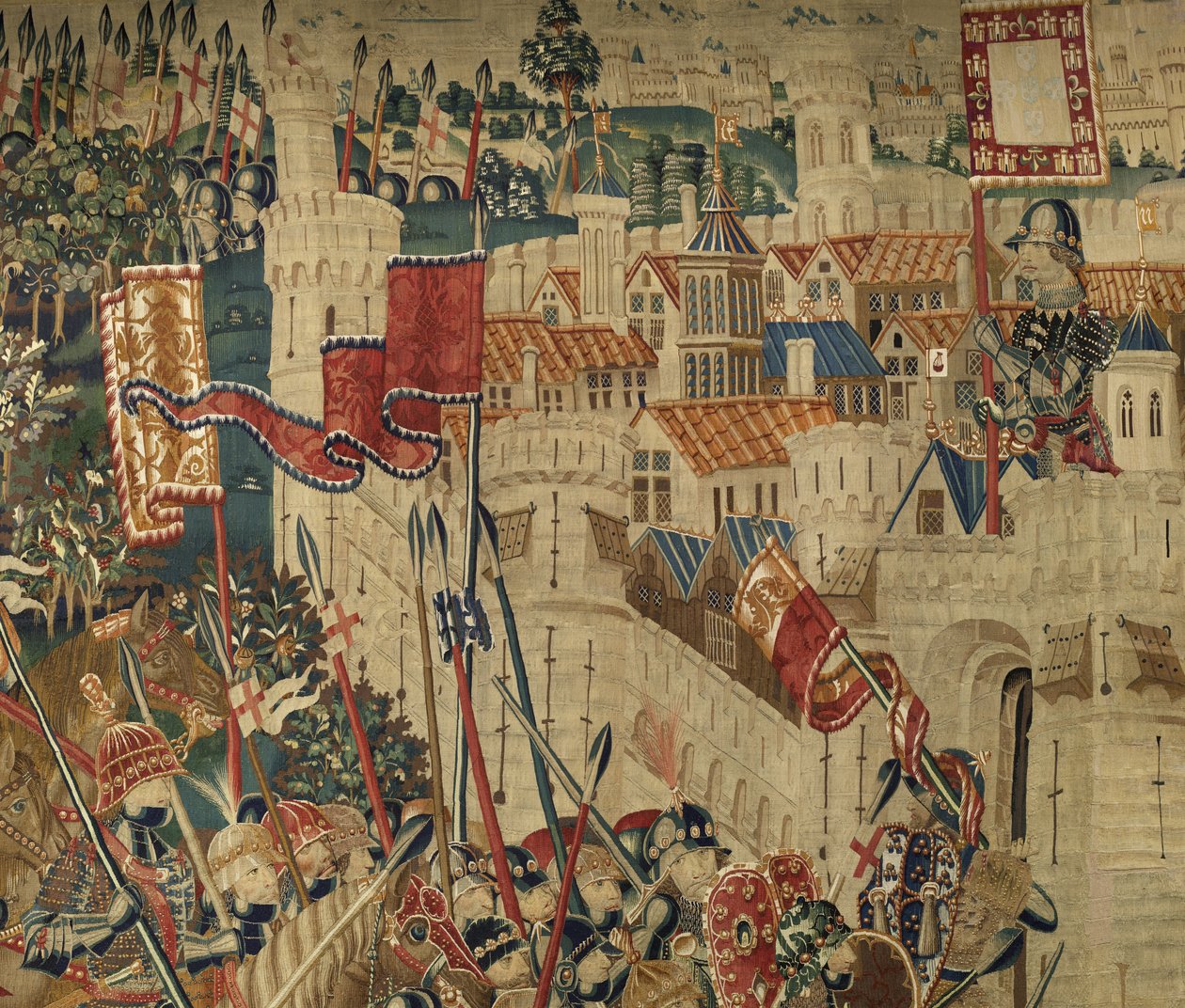 挂毯展示了葡萄牙国王阿方索五世 (Conquistas de Alfonso V de Portugal) 的征服，图尔奈。 细节。 （羊毛和丝绸） 作者 佛兰芒学校