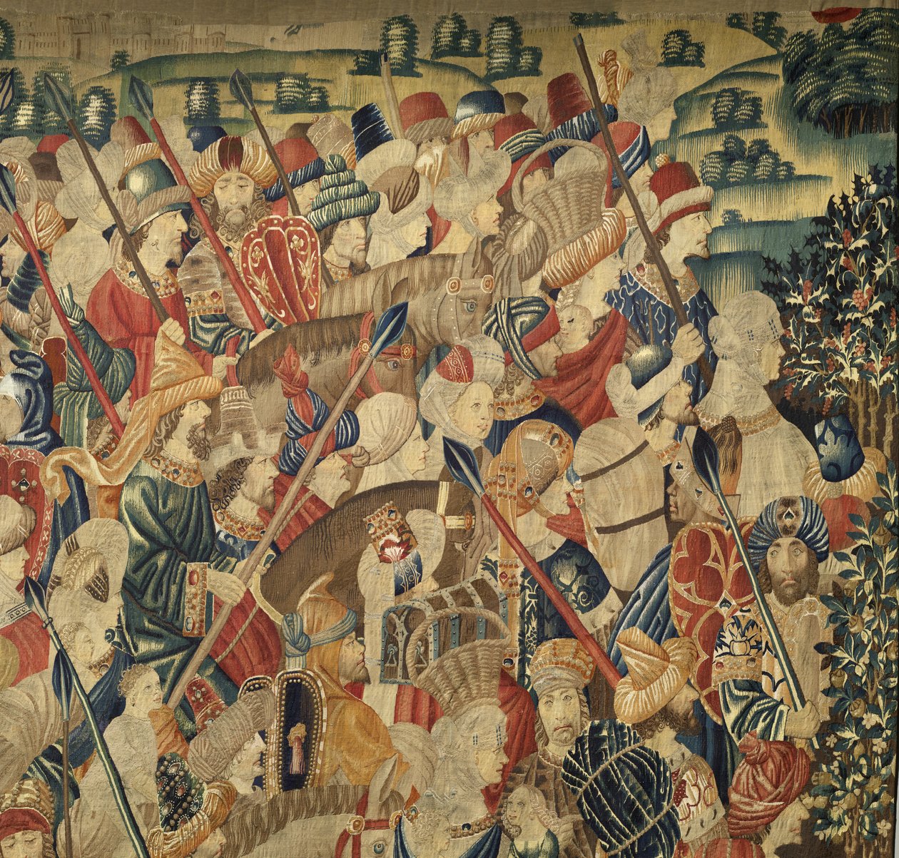 挂毯展示了葡萄牙国王阿方索五世 (Conquistas de Alfonso V de Portugal) 的征服，图尔奈。 细节。 （羊毛和丝绸） 作者 佛兰芒学校