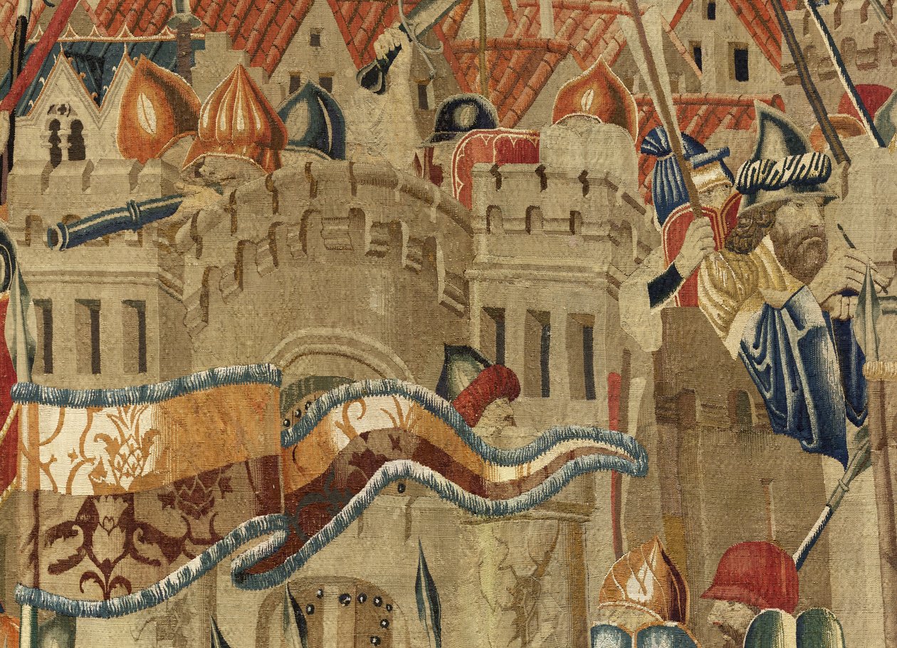挂毯展示了葡萄牙国王阿方索五世 (Conquistas de Alfonso V de Portugal) 的征服，图尔奈。 细节。 （羊毛和丝绸） 作者 佛兰芒学校