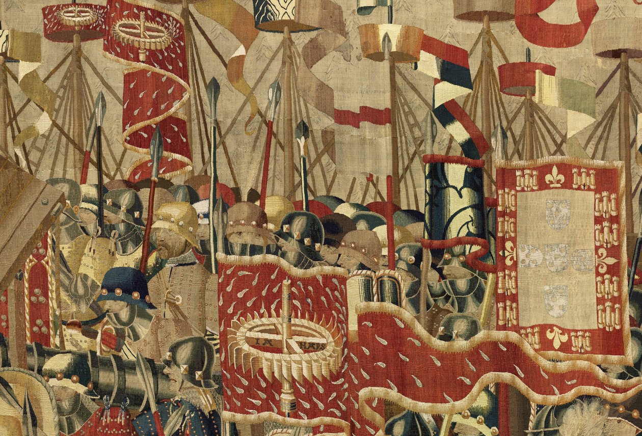 挂毯展示了葡萄牙国王阿方索五世 (Conquistas de Alfonso V de Portugal) 的征服，图尔奈。 细节。 （羊毛和丝绸） 作者 佛兰芒学校