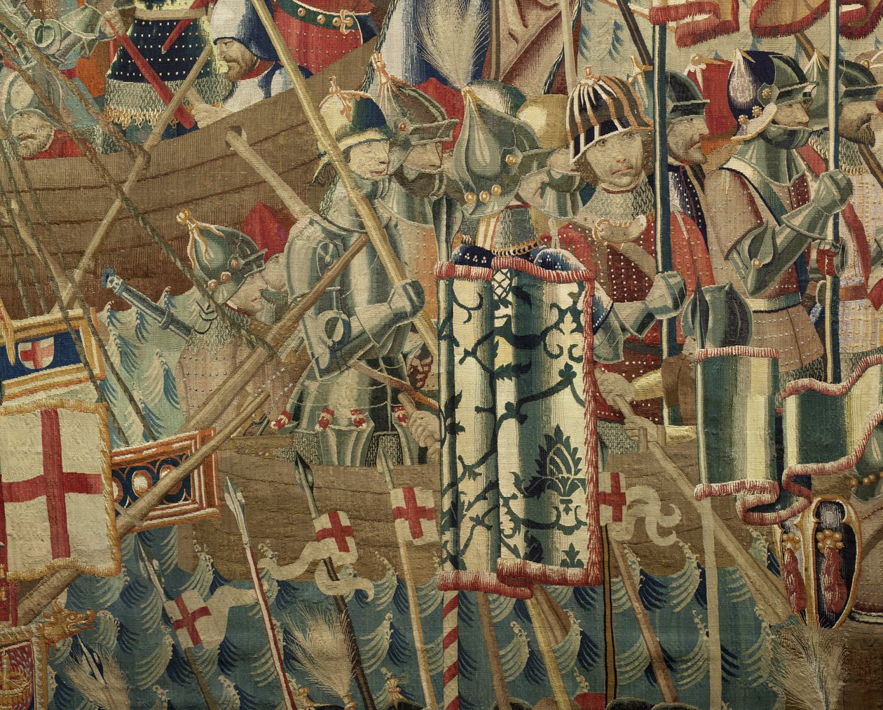 挂毯展示了葡萄牙国王阿方索五世 (Conquistas de Alfonso V de Portugal) 的征服，图尔奈。 细节。 （羊毛和丝绸） 作者 佛兰芒学校