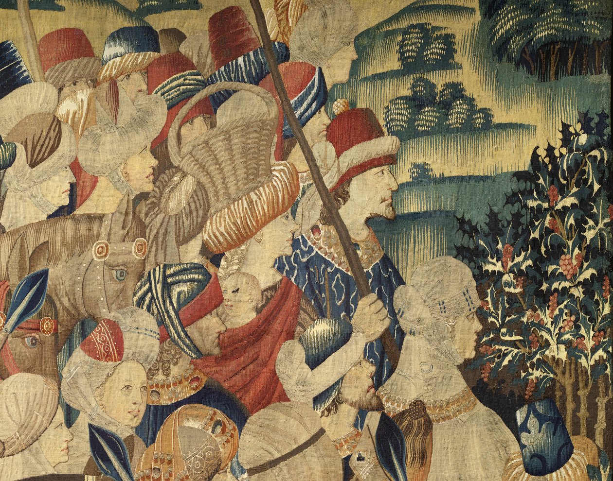 挂毯展示了葡萄牙国王阿方索五世 (Conquistas de Alfonso V de Portugal) 的征服，图尔奈。 细节。 （羊毛和丝绸） 作者 佛兰芒学校