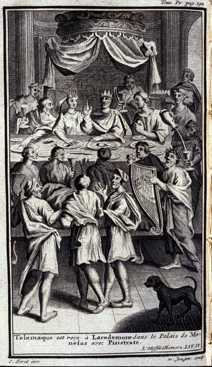 Telemaque 在 Lacedemone 的 Menelas 宫殿与 Pisistrate 被接见。 1731 年在米兰的阿姆斯特丹出版的《奥德赛》中的《荷马的奥德赛》第四册插图。 作者 佛兰芒学校