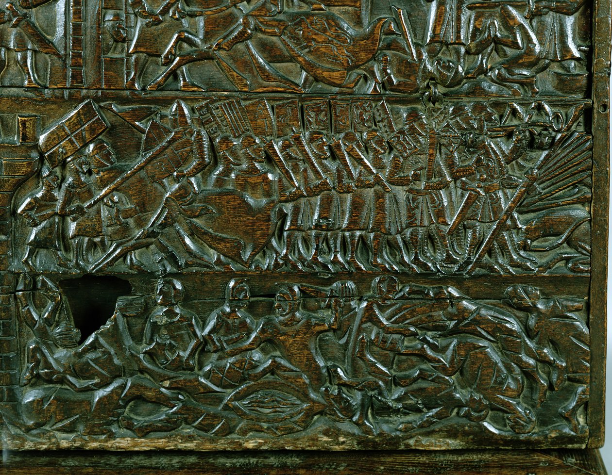 Courtrai Chest描绘了金色马刺战役中的佛兰芒战斗线，于1302年在Courtrai战斗（木头）（细节） 作者 佛兰芒学校