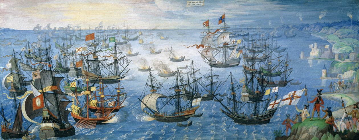 1588年8月7日晚上，在海岸骑马的西班牙舰队与女王伊丽莎白一世（1533-1603）一起发射英国救火船（c.1605）（牛皮纸上的水粉加高了 作者 佛兰芒学校
