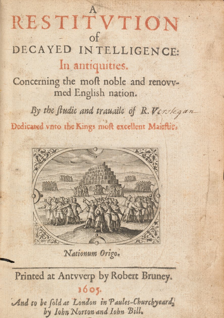 1605年安特卫普Richard Verstegam的“腐朽情报归还”的标题页 作者 佛兰芒学校