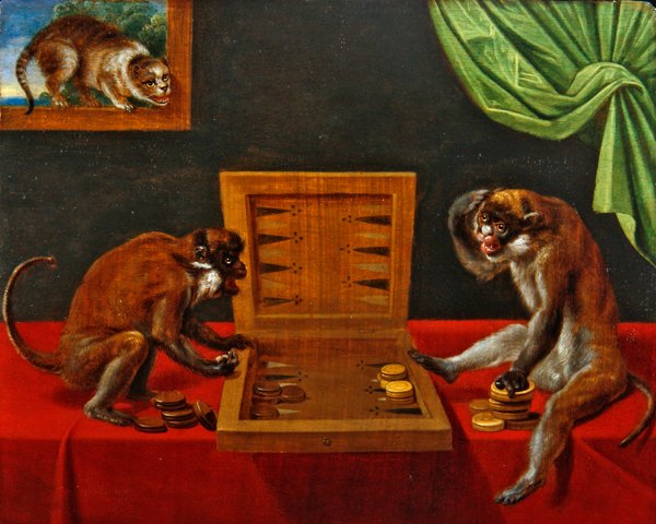 两只猴子在桌子上玩Tric Trac（油画板）。 作者 佛兰芒学校