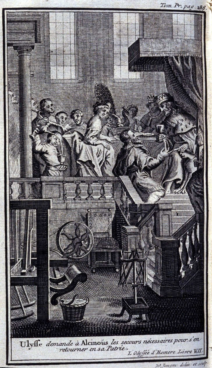 Ullysse 向 Alcinous (Alcinoos) 寻求必要的帮助以返回他的祖国。 1731 年在阿姆斯特丹出版的《奥德赛》第七卷插图，米兰私人收藏。 作者 佛兰芒学校
