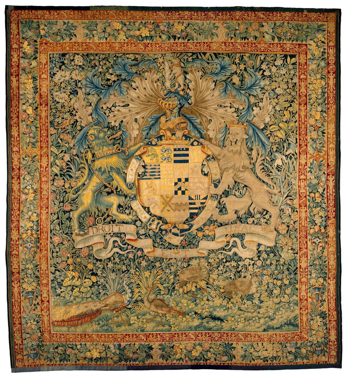 带有莱斯特伯爵罗伯特·达德利手臂的翠绿挂毯，约 1570-1585 年（羊毛、丝绸） 作者 佛兰芒学校