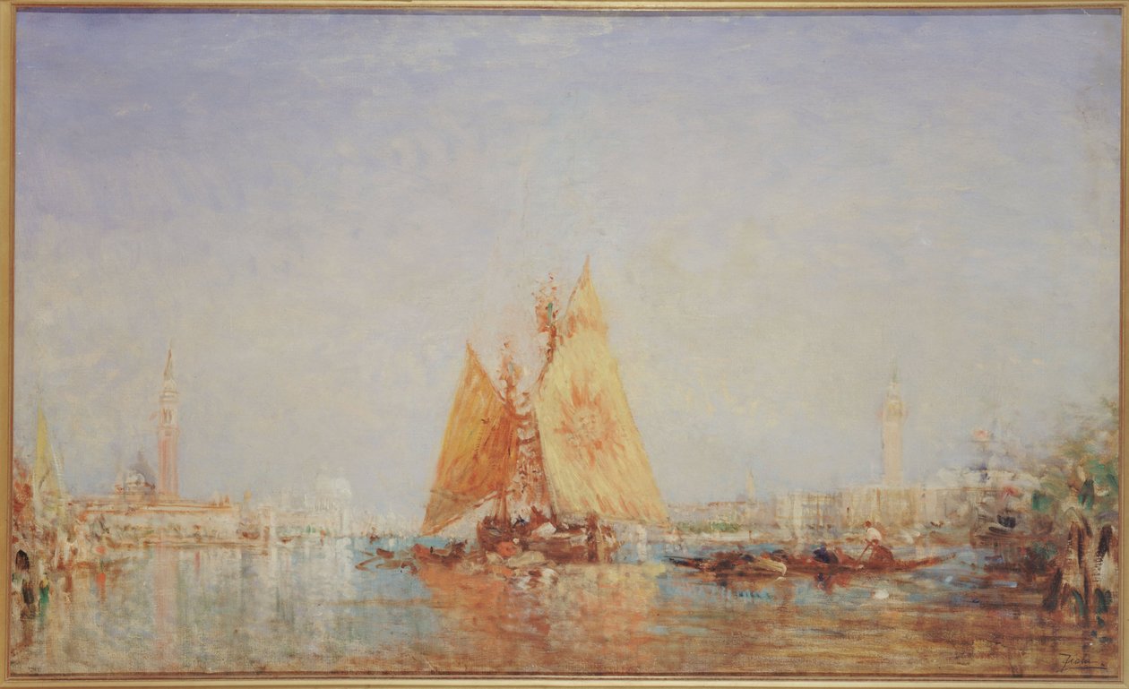 威尼斯，挂黄帆的 Trabaccolo，1870 年至 1890 年间（布面油画） 作者 费利克斯·齐姆