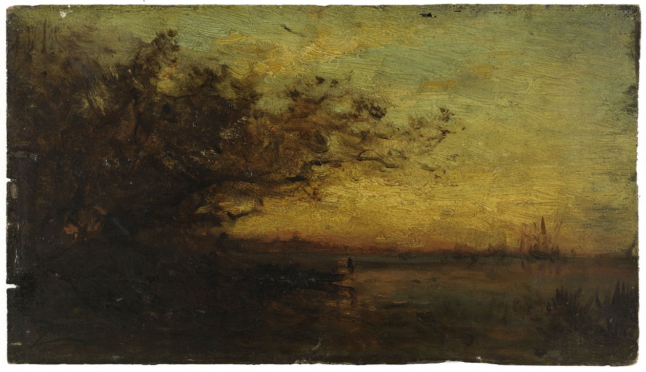 水，夕阳。背面：两幅研究作品，1850-1860 年间（木板油画） 作者 费利克斯·齐姆