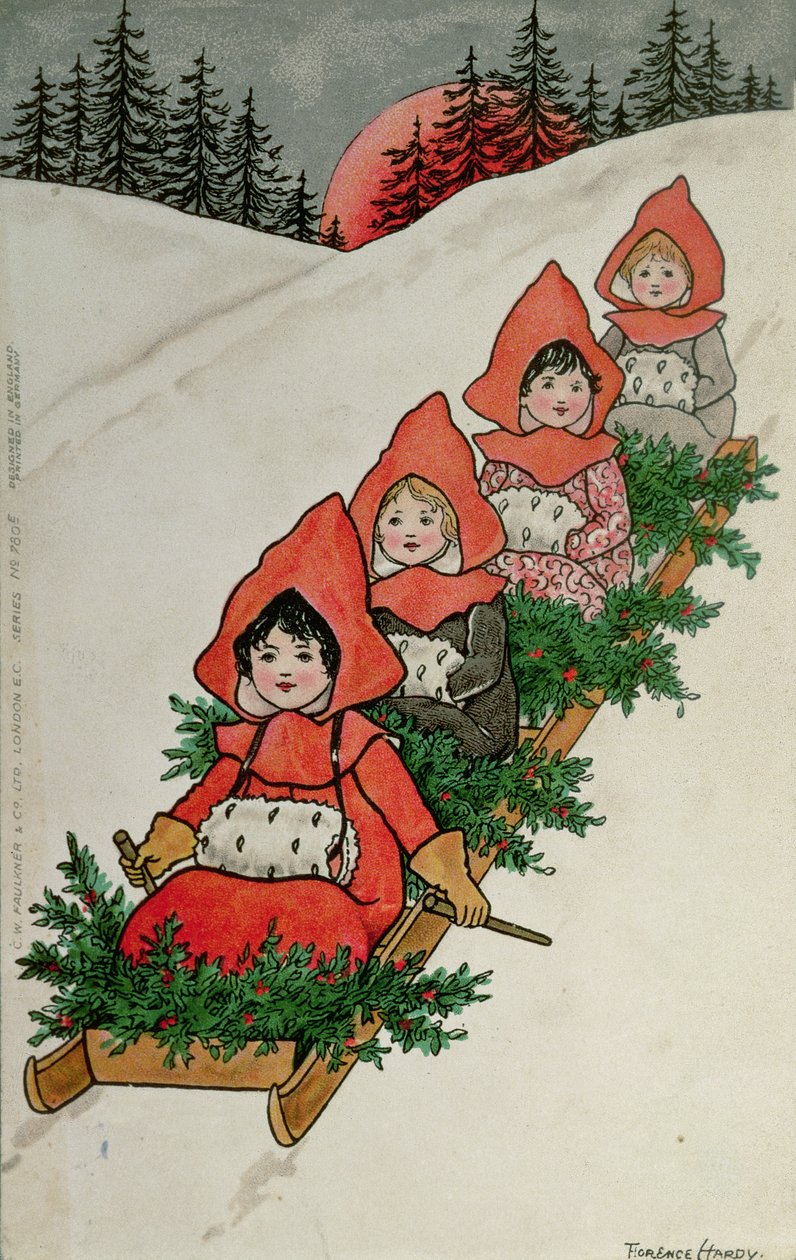 雪橇上的四个小女孩（彩色石版画） 作者 佛罗伦萨·哈迪