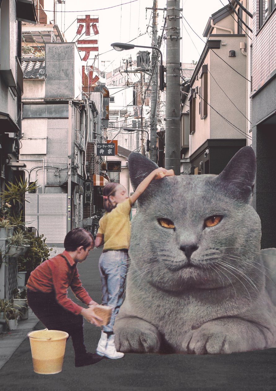 Children washing a giant Cat in Tokyo Streets 作者 弗洛伦德·博达特