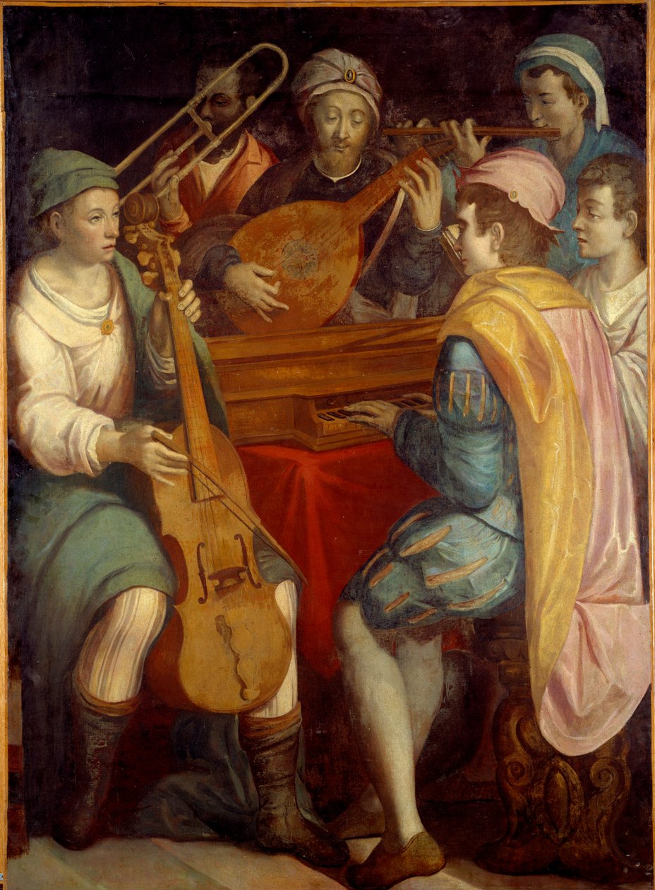 Concert Lute musicians, epinette, trombone and viola de gamba. Anonymous painting of the Florentine School 1550-1600. Sun 1,8x1,3 m 作者 佛罗伦萨学校