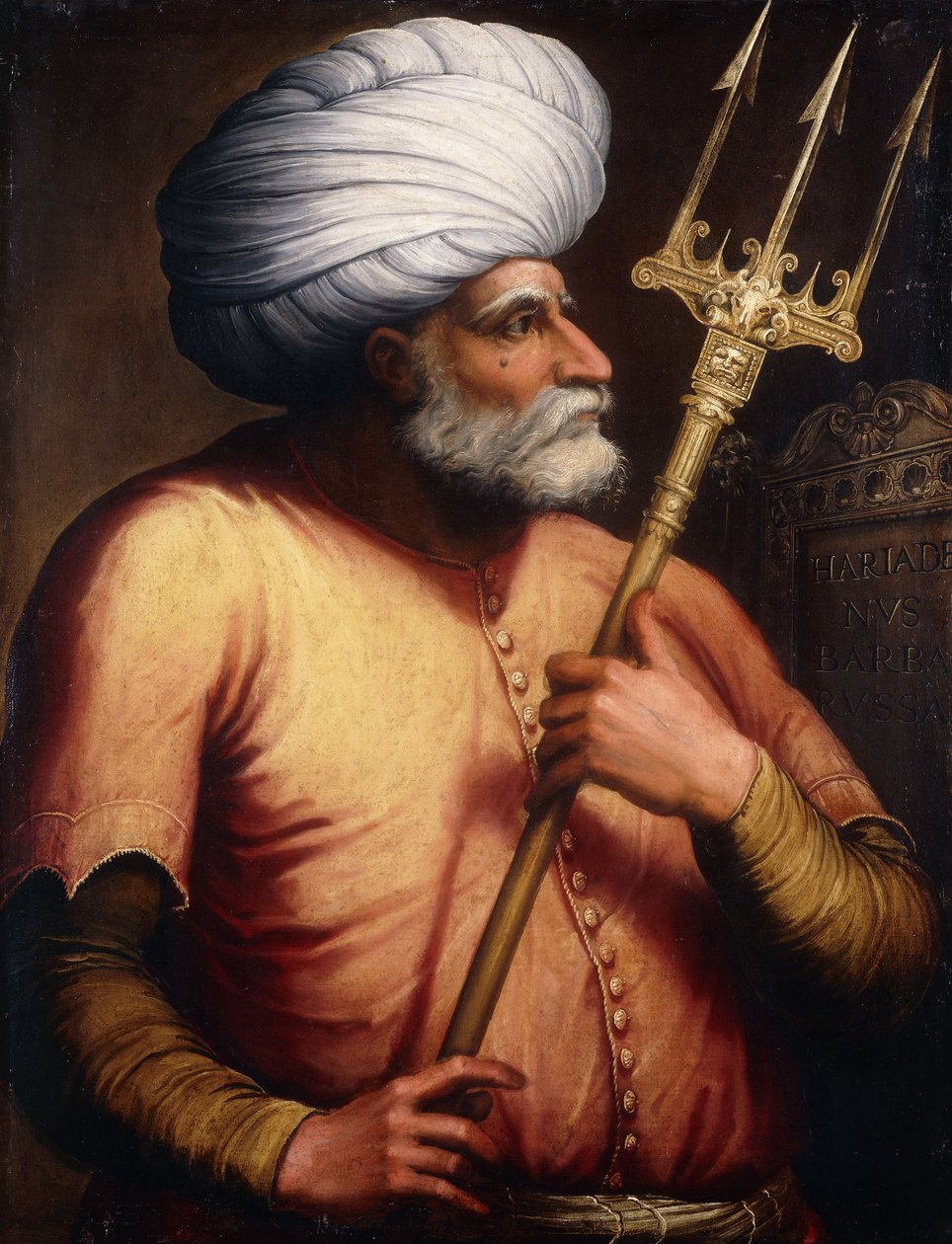 凯尔·埃尔·丁·巴巴罗萨（Khair el-Din Barbarossa）的肖像，半身，手持三叉戟，约1580年 作者 佛罗伦萨学校