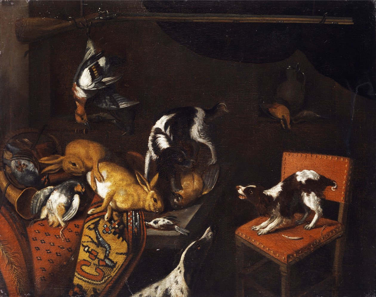 静物与死野兔和鸟，扶手椅，猎犬，猎枪 作者 Frans Snyders的追随者