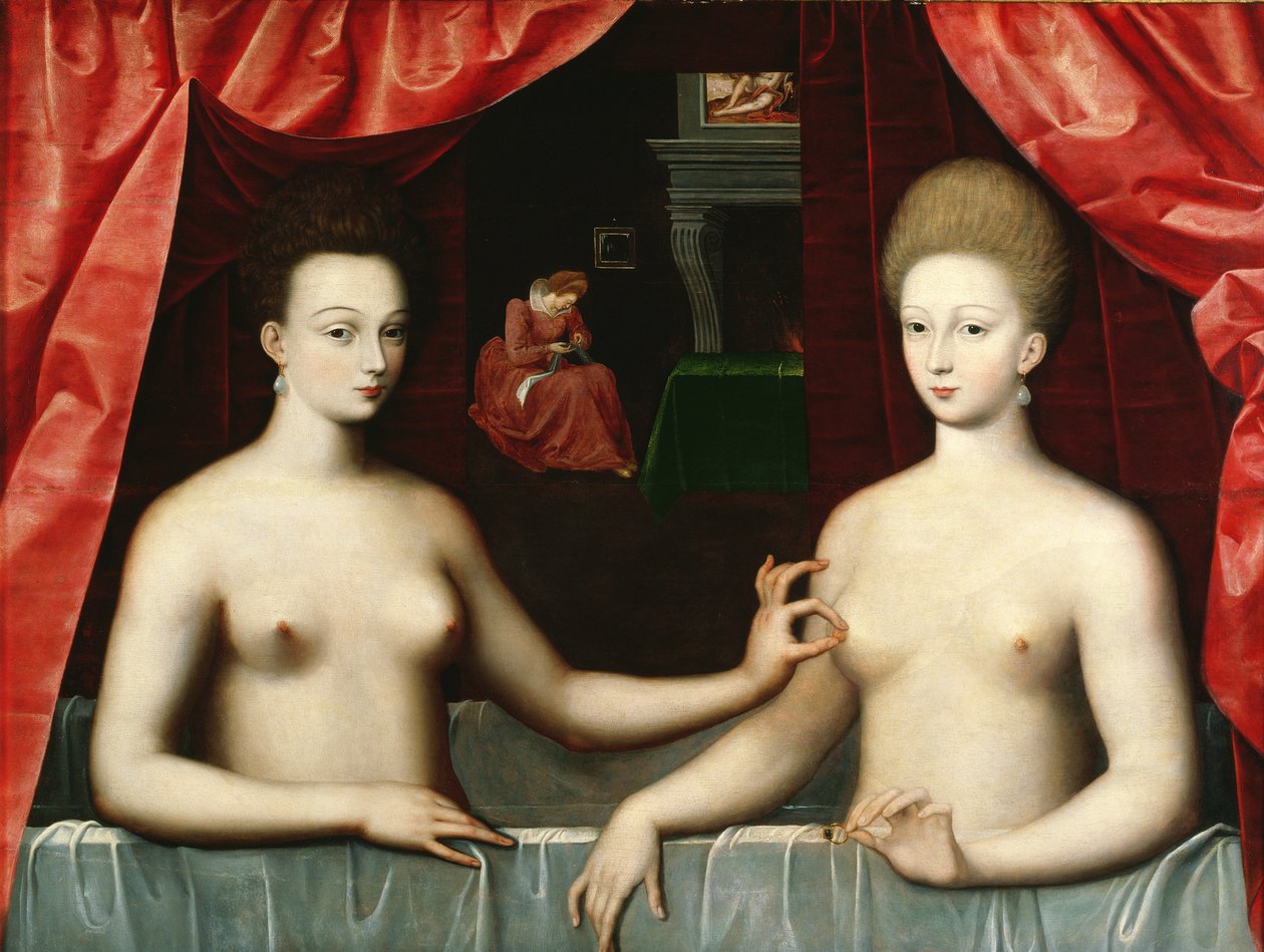 Gabrielle d&39;Estrees（1573-99）和她的妹妹，Villars的公爵夫人，16世纪末 作者 枫丹白露学校