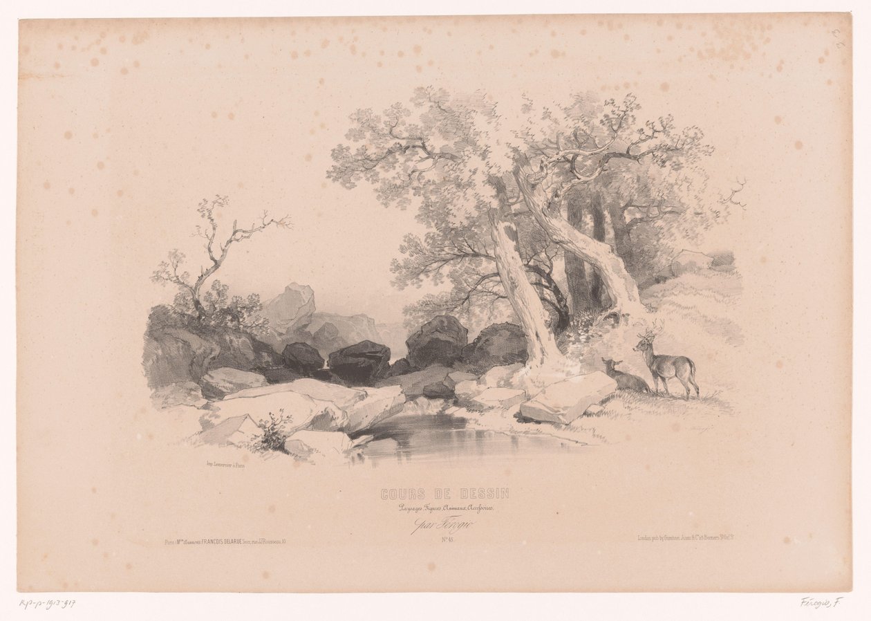 与水和两只鹿的岩石景观 研究风景、动物和细节的绘画课程（系列名称） 设计课程。 风景画、人物、动画、配件、par Férogio（物品上的系列标题） 作者 福罗吉欧