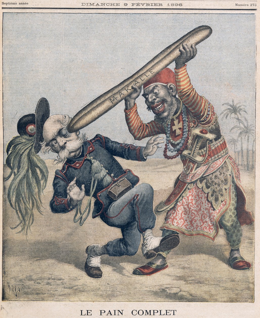 Francesco Crispi的漫画（1818-1901）和意大利入侵军队在埃塞俄比亚Makalle围攻中的失败。 “Le Petit Journal”封面，1896年2月9日 作者 财富路易斯·米奥勒和亨利·梅尔
