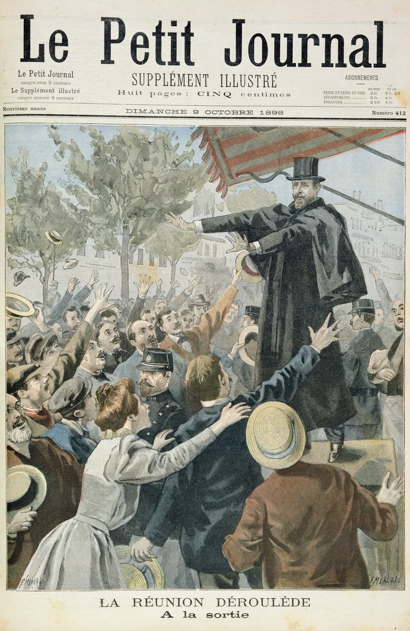 标题页描绘了与Deroulede的会面，插图来自Le Petit Journal的插图补充，1898年10月9日（彩色光刻） 作者 路易斯·莫厄尔财富