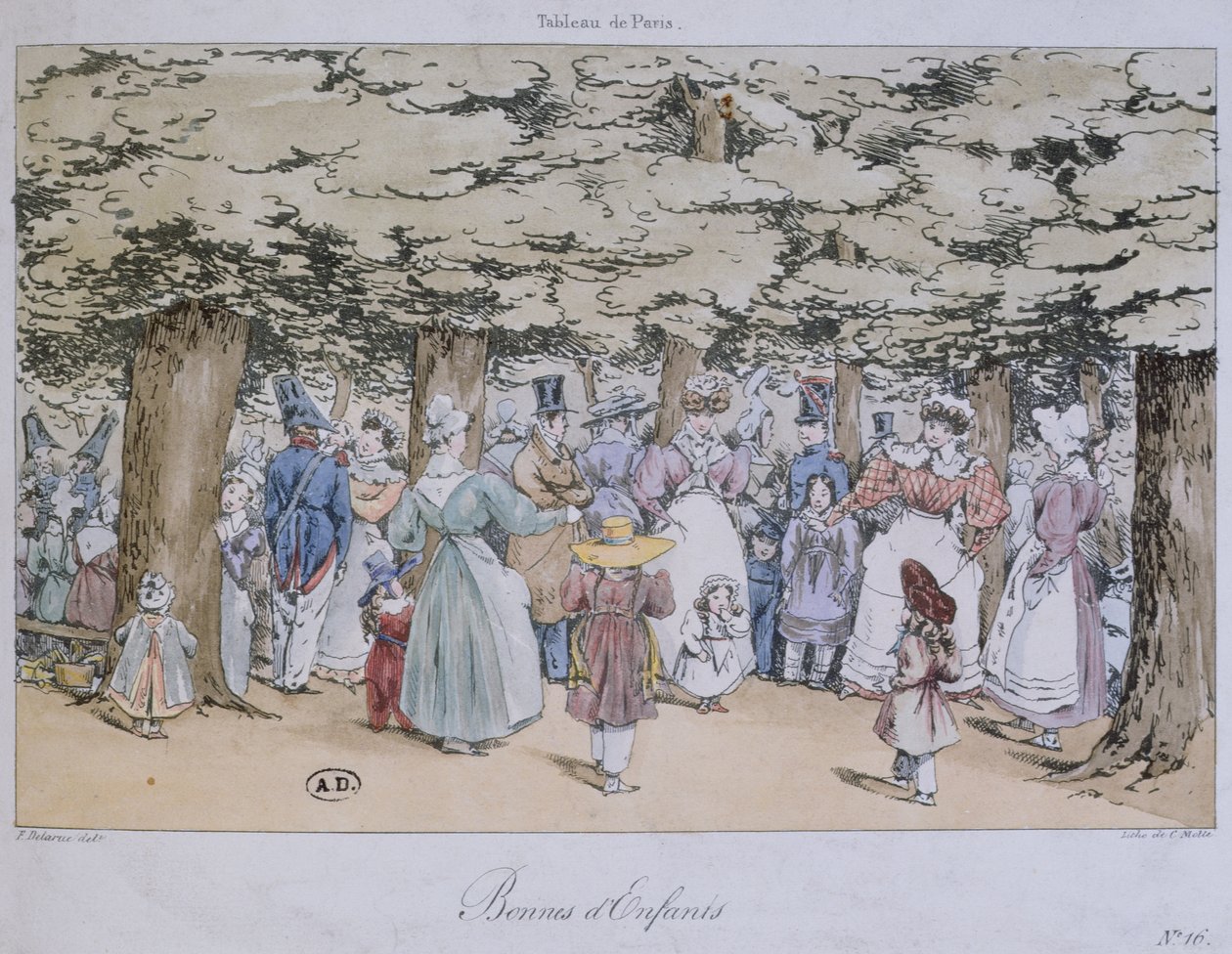 公园内的儿童和保姆，来自Tableau de Paris系列，由C. Motte雕刻，1827年 作者 财富德拉鲁