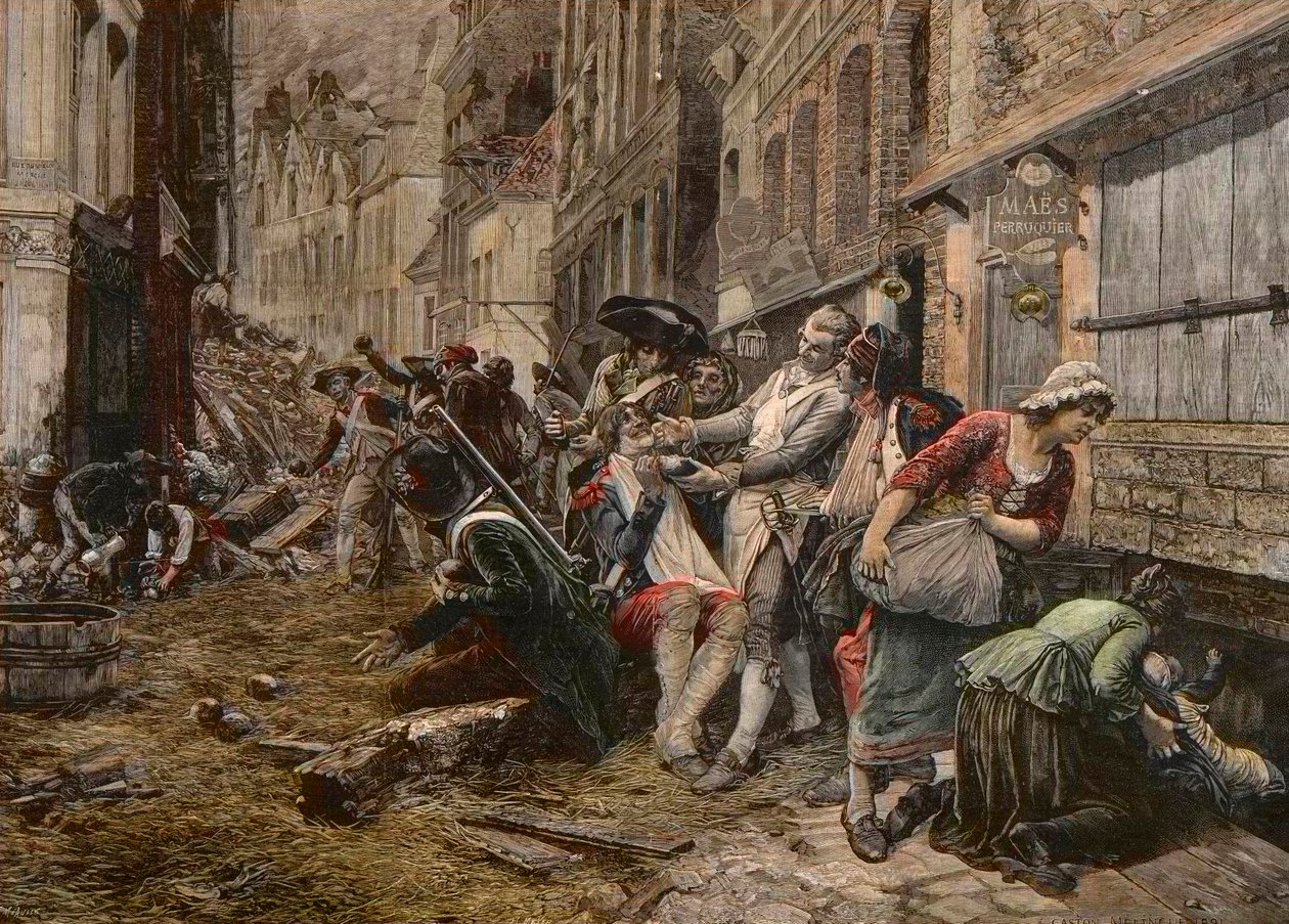 1792年10月在里尔发生的一个围攻事件--1792年的里尔围攻：假发Maes用炸弹壳作为胡须盘为客户刮胡子--Meaulle根据Gaston Melingue的画作雕刻的。 作者 路易斯·莫厄尔财富