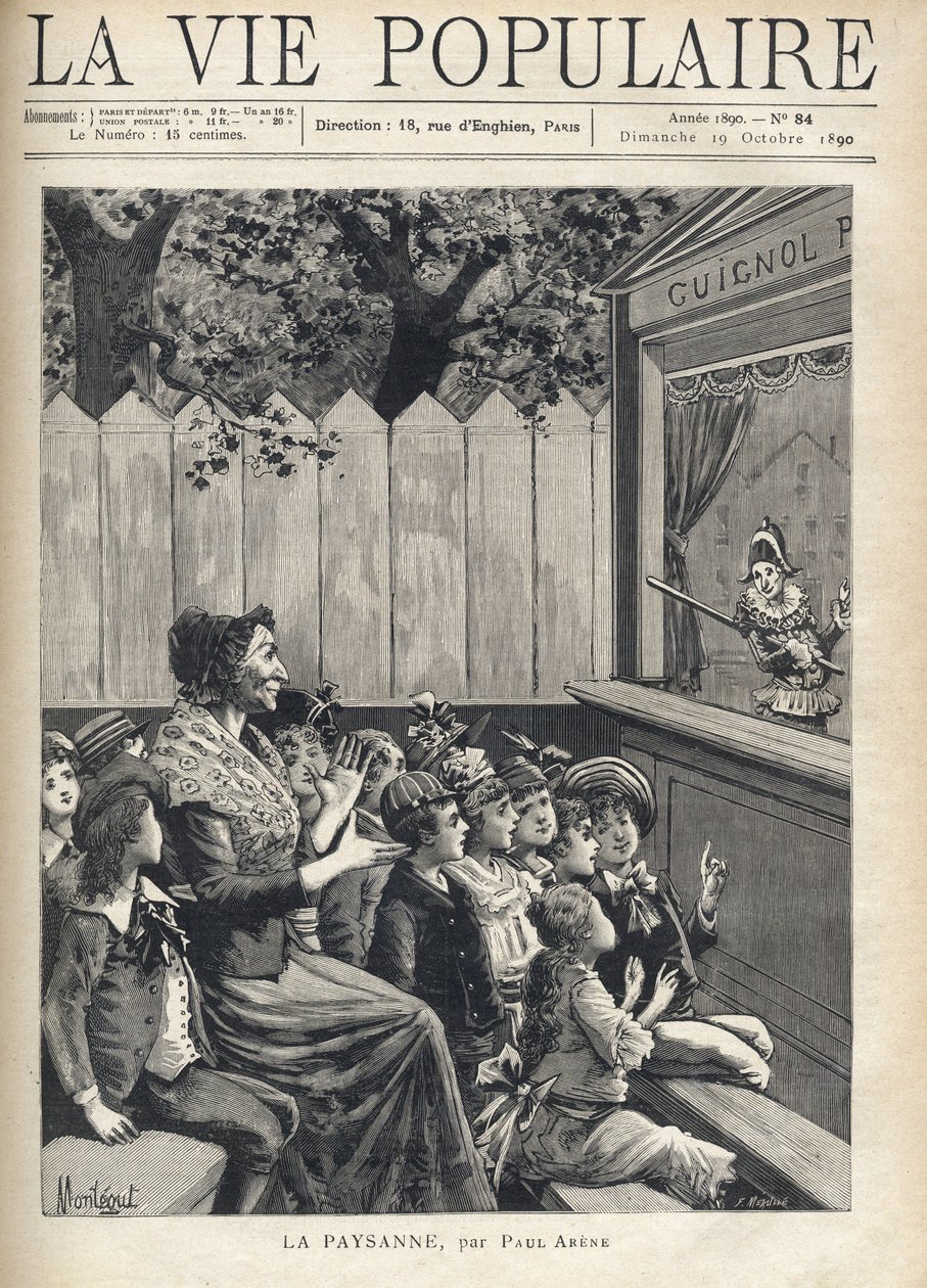 一群孩子中间的一个女人为木偶戏鼓掌（Guignol）。蒙特古特为保罗-阿雷内（1843-1896）的 "农民 "所作的《财富》插图。人民生活》中的版画 作者 路易斯·莫厄尔财富