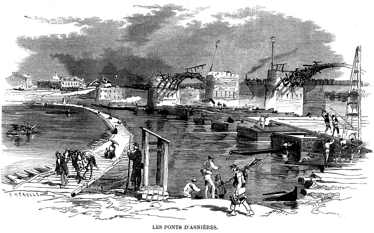 1870 年巴黎被围攻期间，阿斯尼耶（Asnieres）桥被烧毁，之后又修建了一座舟桥（船桥）--在这幅莫尔（Meaulle）的雕刻作品（约 1870 年）中，桥旁的另一座木结构建筑是巴黎公社（Commune de Paris）。 作者 路易斯·莫厄尔财富