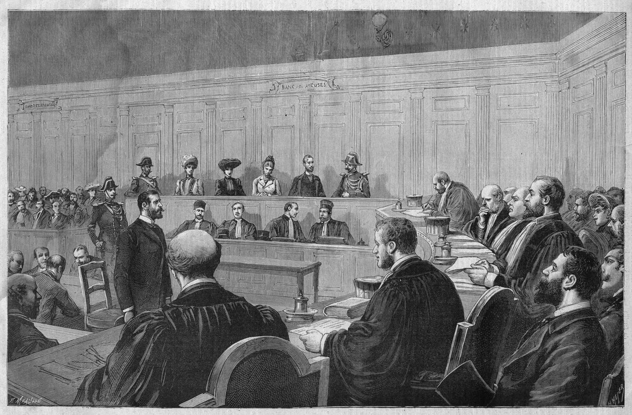 1891年的土伦丑闻：Fouroux事件--Jonquieres--la salle des assiises, deposition des temoins--Meaulle在1891年 "Le journal illustrious "中的雕刻。 作者 路易斯·莫厄尔财富