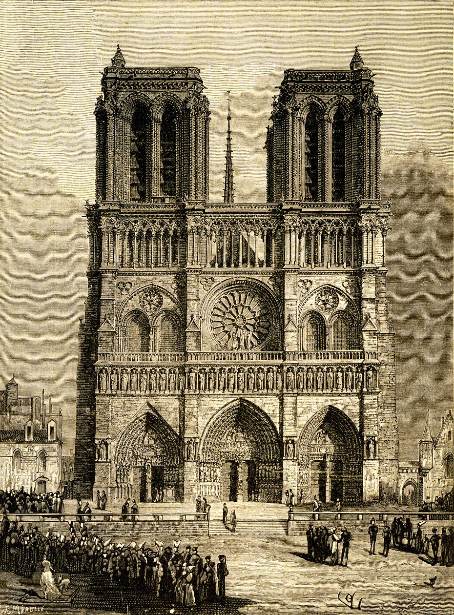 1482 年的巴黎圣母院（Notre-Dame）：西立面和门廊。F. Meaulle 根据维奥莱特-勒-杜克（Viollet-le-Duc）为维克多-雨果的同名小说绘制的插图绘制的版画，20 世纪初奥兰多夫版。左下方 作者 路易斯·莫厄尔财富