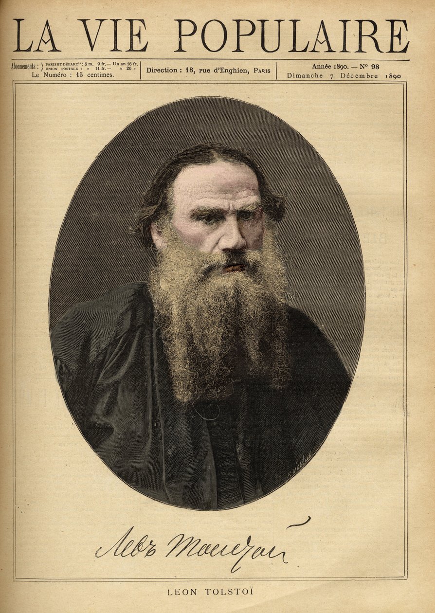 列昂-托尔斯泰（1828-1910）的肖像，俄罗斯作家。插图：F. Meaulle。1890年在 "大众生活 "中的版画。私人收藏 作者 路易斯·莫厄尔财富
