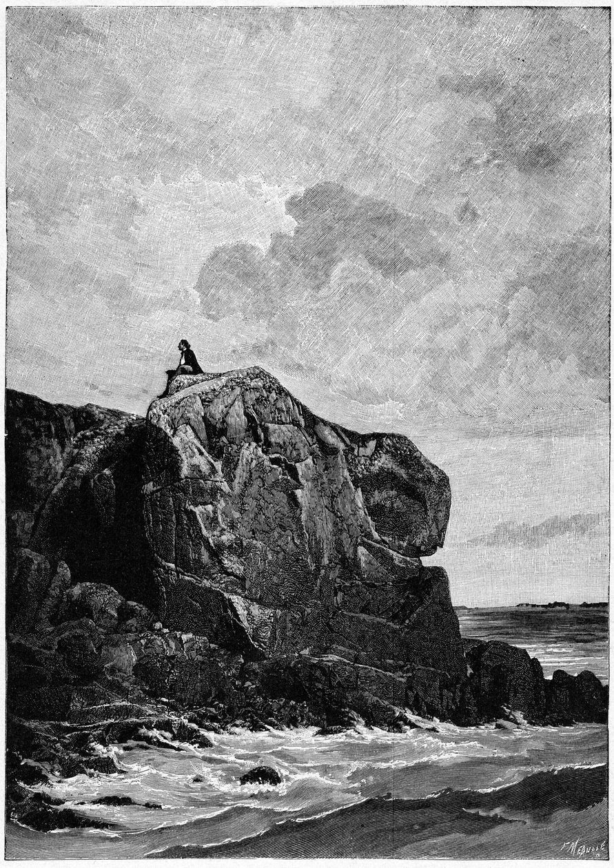 维克多-雨果，1855 年流亡泽西岛，普罗斯克里特岩石上。路易斯-富特-梅奥勒（1844-1901 年）的雕刻作品，雨果曾这样说过："我想，我的坟墓"。 作者 路易斯·莫厄尔财富