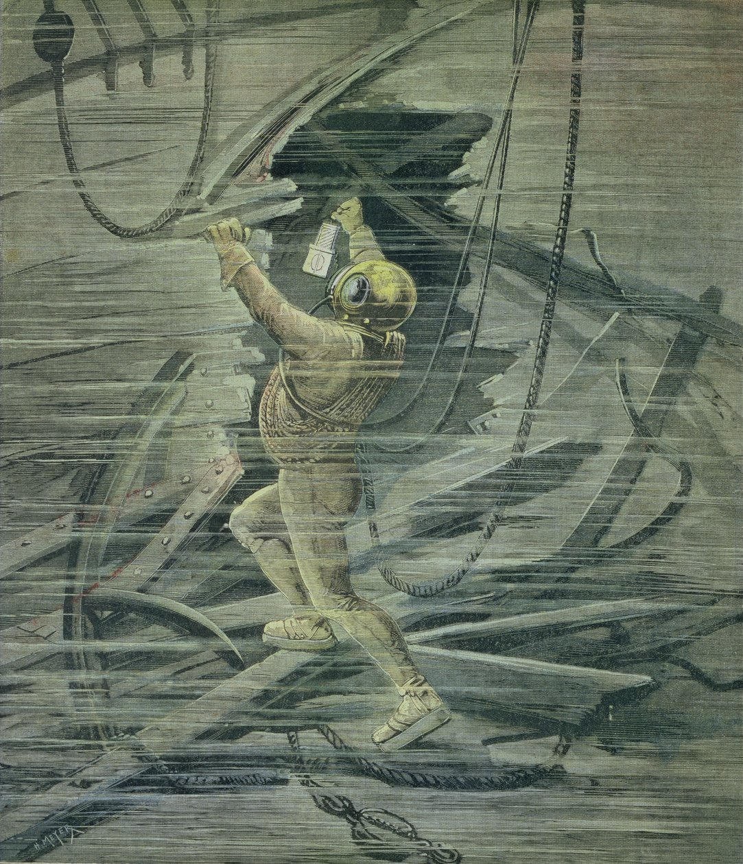 一艘深海潜水员在1892年2月13日的“Le Petit Journal”中看到勒阿弗尔港的残骸 作者 财富路易斯·米奥勒和亨利·梅尔