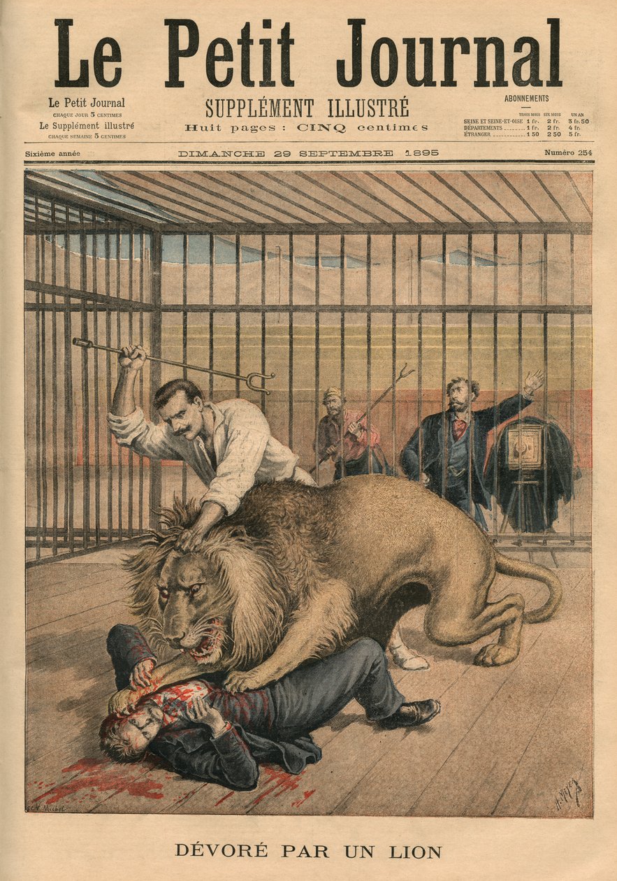 被狮子吞噬，来自&39;Le Petit Journal&39;的封面插图，补充说明，1895年9月29日 作者 财富路易斯·米奥勒和亨利·梅尔