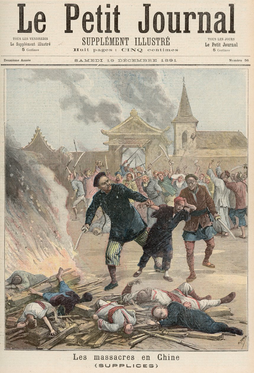 中国的大屠杀，来自&39;Le Petit Journal&39;，1891年12月19日（彩色光刻） 作者 财富路易斯·米奥勒和亨利·梅尔