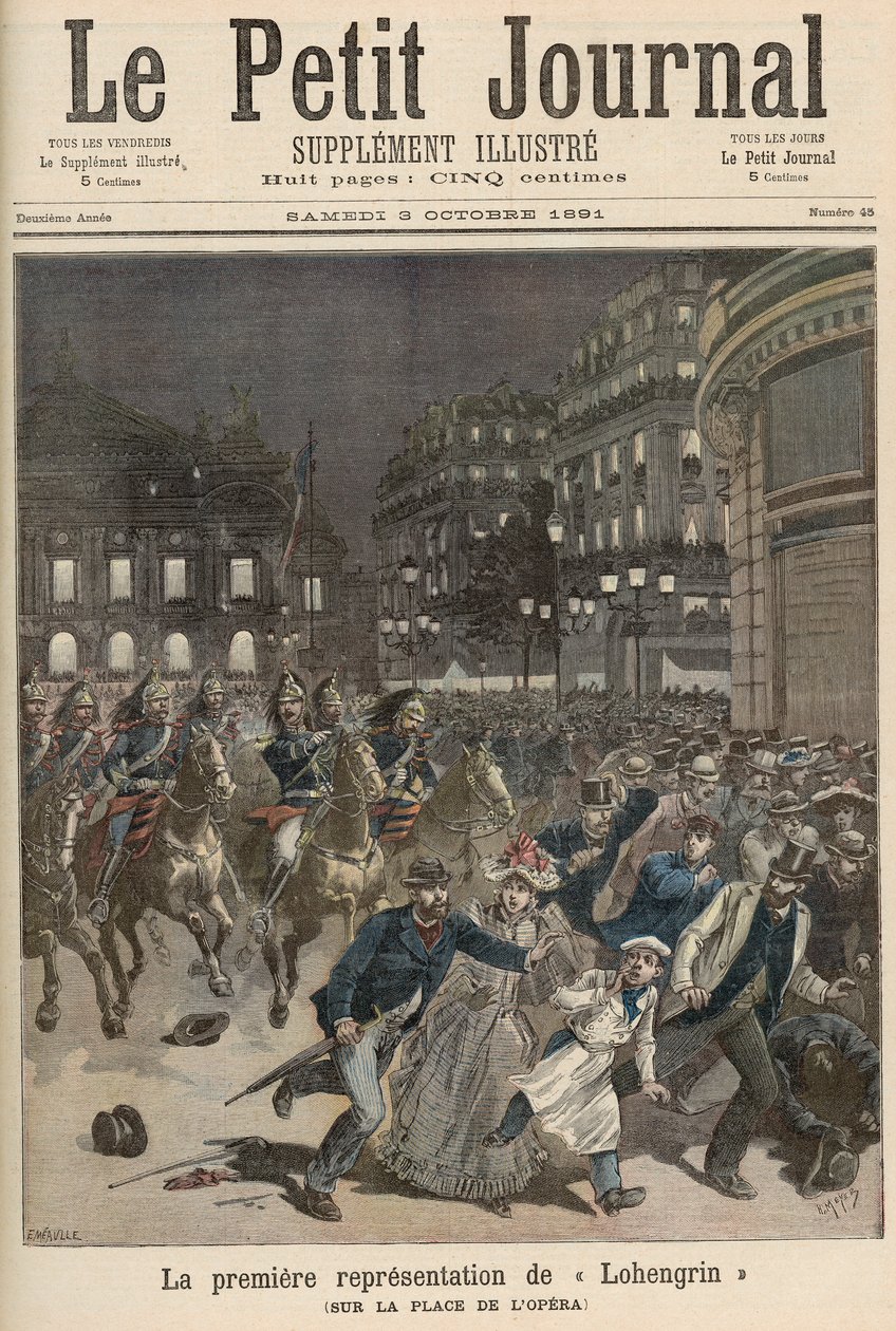 巴黎的骚乱反对1891年10月3日“Le Petit Journal”中卡尼尔宫的“Lohengrin”表演 作者 财富路易斯·米奥勒和亨利·梅尔