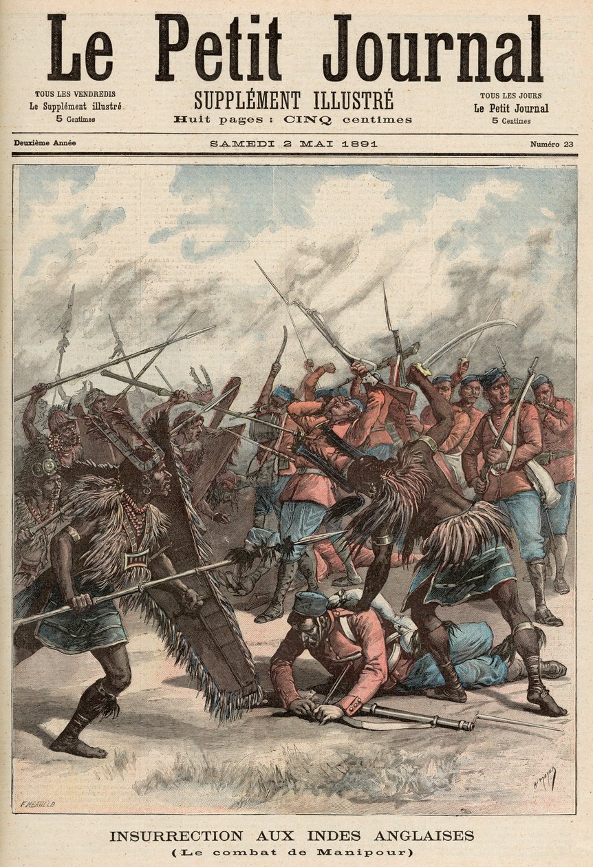 曼尼普尔战役，来自&39;Le Petit Journal&39;，1891年5月2日（彩色雕刻） 作者 财富路易斯·米奥勒和亨利·梅尔