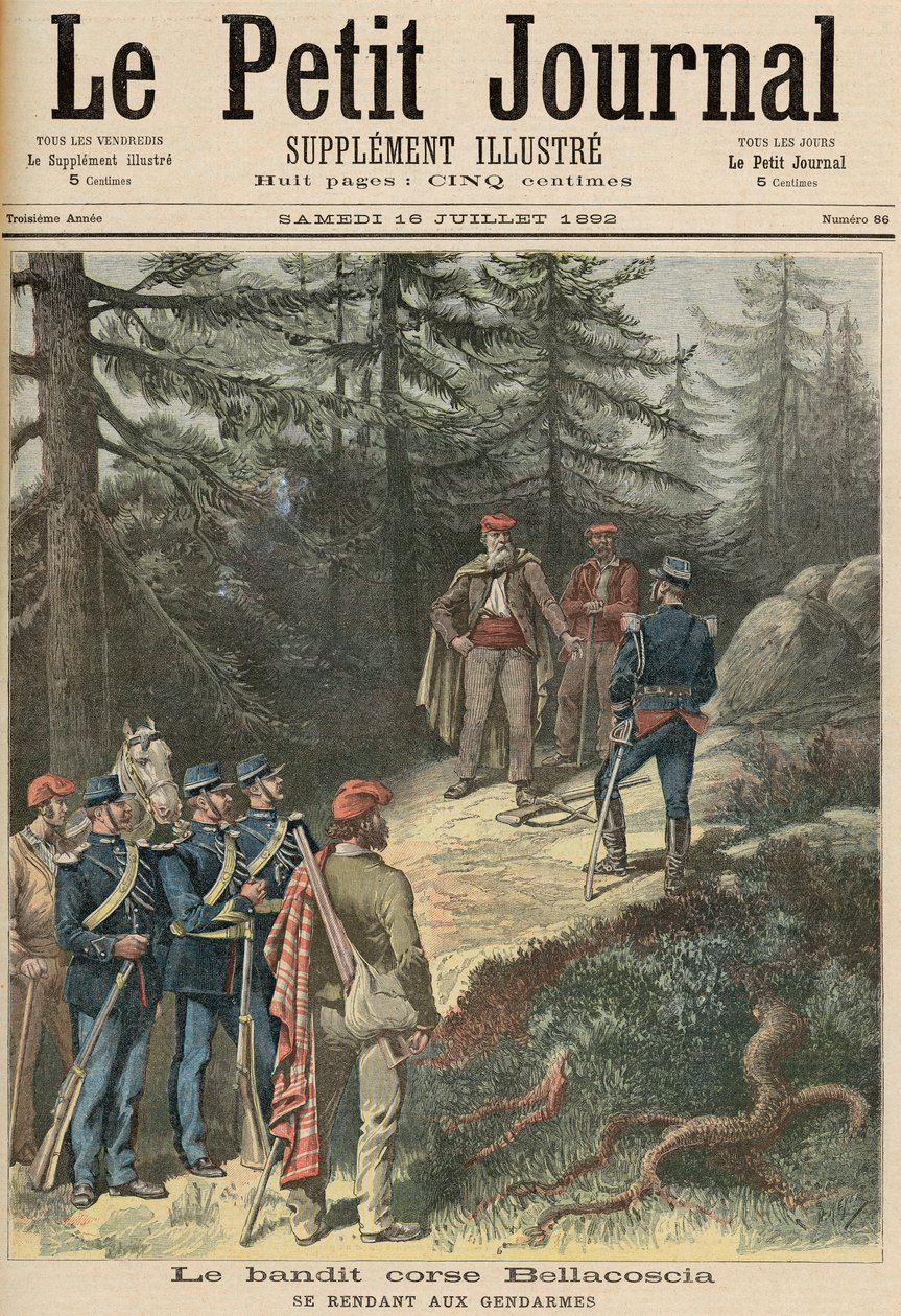 1892年7月16日，“Le Petit Journal”中的科西嘉匪，Jacques Bellacoscia投降警察（彩色光刻） 作者 财富路易斯·米奥勒和亨利·梅尔